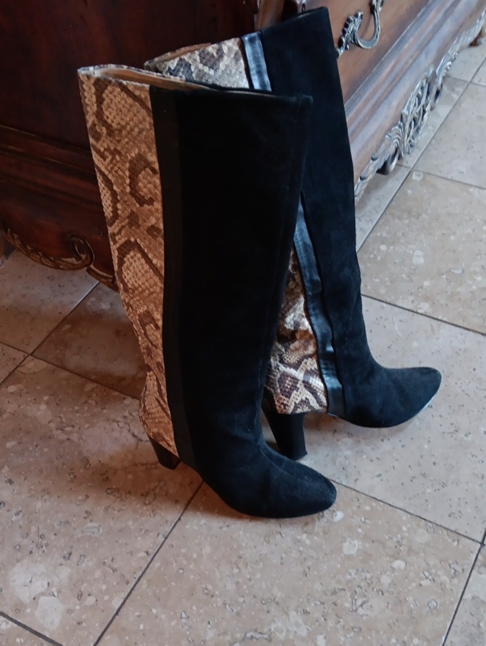 H&M Black Suede Knee Boots with Snake-Print Panels